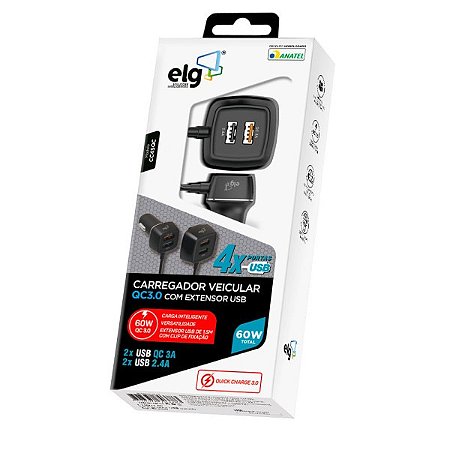 Carregador Veicular USB ELG | Preto | CC4SQC