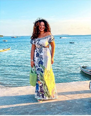 VESTIDO CARLA-  COLEÇÃO - ENCANTOS DA NATUREZA - BRANCO,AZUL E VERDE