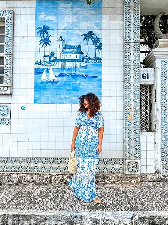 VESTIDO GRÉCIA COM MANGA MORCEGO-  COLEÇÃO - AZULEJOS - AZUL