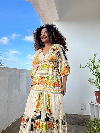 VESTIDO FENDA LATERAL-  COLEÇÃO - AURA SERENA- COLORIDO