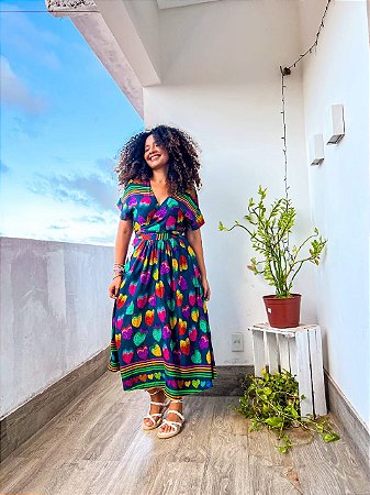 VESTIDO AMARRAR - CORAÇÃO TROPICAL - COLORIDO