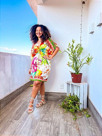 VESTIDO MORCEGO CURTO CAJU - LARANJA E AMARELA - TAM UNICO