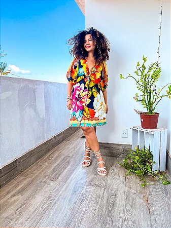 VESTIDO MORCEGO - PRETO E AMARELO - TAMANHO UNICO