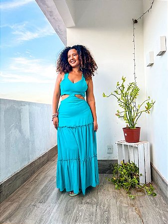 VESTIDO MANU ESTILO FARM-VISCOCREPE-AZUL- TAMANHO - ÚNICO