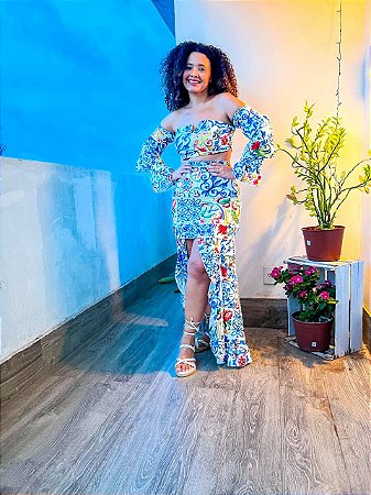 VESTIDO LONGO COM MANGA-FLUIDI-ESTAMPA AZULEJOS- TAM -ÚNICO