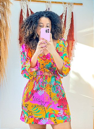CONJUNTO LASTEX ESTAMPADO -CURTO - VERÃO  -ROSA- CREPE