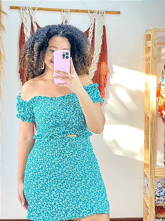 CONJUNTO LASTEX ESTAMPADO MANGA CURTA -CURTO - VERÃO  -AZUL- CREPE