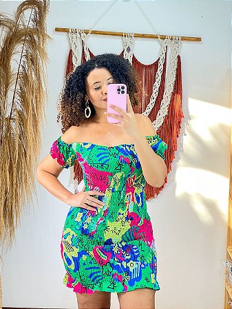 VESTIDO LASTEX ESTAMPADO MANGA CURTA -CURTO - VERÃO  -VERDE- CREPE