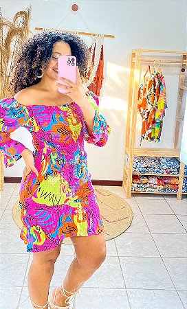 VESTIDO LASTEX ESTAMPADO -CURTO - VERÃO  -ROSA- CREPE
