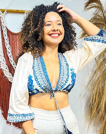 CROPPED GABRIELA - ALTO VERÃO - AZUL -VISCOSE PRÉ LAVADO