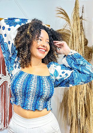 CROPPED LASTEX- ALTO VERÃO - AZUL -VISCOSE PRÉ LAVADO