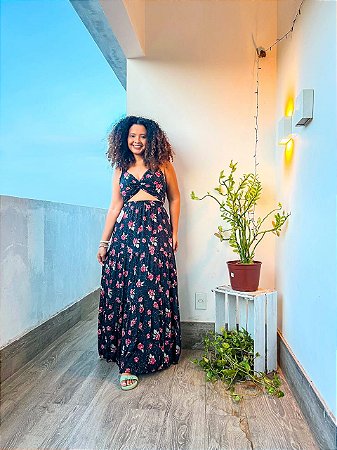 CONJUNTO FLORAL-VISCOSE DUBAI-PRETO- TAMANHO - ÚNICO