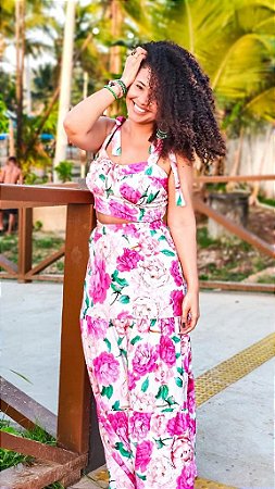 CONJUNTO FLORAL-VISCOSE ACETINADO-ROSÉ- TAMANHO - ÚNICO