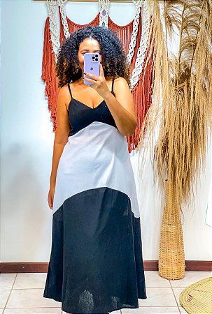 VESTIDO BICOLOR - OUTONO-LINHO - PRETO