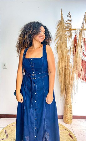 VESTIDO RAFAELA  - OUTONO-LINHO- AZUL