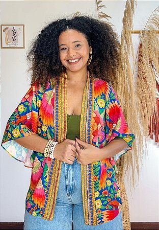 KIMONO  - FLOR DO SERTÃO -LARANJA E VERDE - VISCOSE PRÉ LAVADO