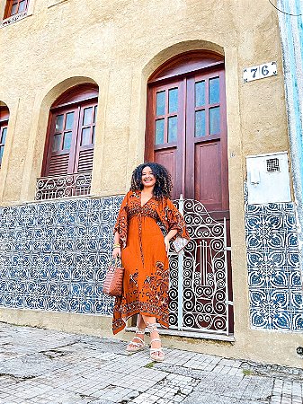 VESTIDO DIANA  - BOHO CHIC-MARROM- VISCOSE PRÉ LAVADO
