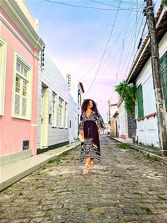 VESTIDO DIANA  - BOHO CHIC-PRETO- VISCOSE PRÉ LAVADO