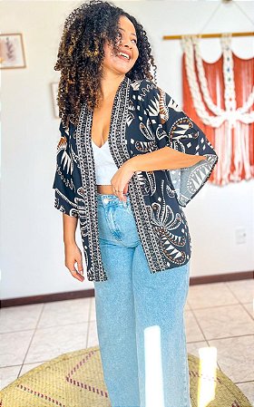 KIMONO  - BOHO CHIC-PRETO - VISCOSE PRÉ LAVADO