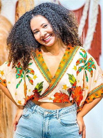 CROPPED MORCEGO - BELEZA TROPICAL- LARANJA-VISCOSE PRÉ LAVADO