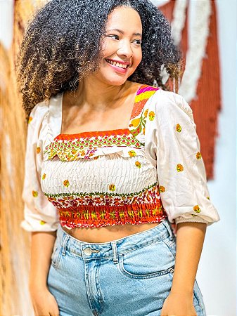 BLUSA PRINCESA - LÍDIA - BOHO - BRANCO E LARANJA-VISCOSE PRÉ LAVADO