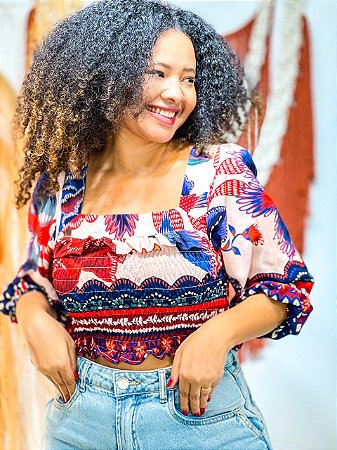 BLUSA PRINCESA - LÍDIA - BOHO - BRANCO E AZUL-VISCOSE PRÉ LAVADO