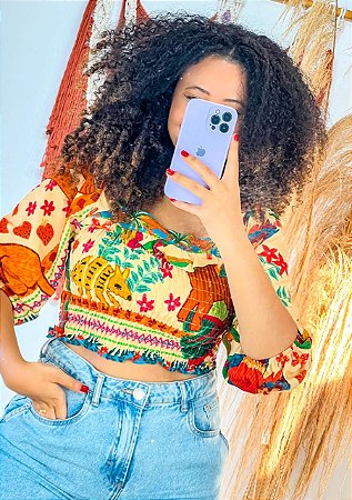 BLUSA PRINCESA - LÍDIA - BOHO - COR PREDOMINANTE- LARANJA -VISCOSE PRÉ LAVADO