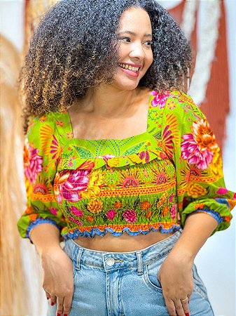 BLUSA PRINCESA - LÍDIA - BOHO - COR PREDOMINANTE- VERDE -VISCOSE PRÉ LAVADO