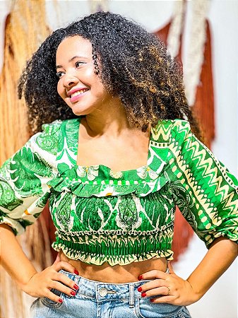 BLUSA PRINCESA - LÍDIA - BOHO - COR PREDOMINANTE- VERDE E BRANCO-VISCOSE PRÉ LAVADO