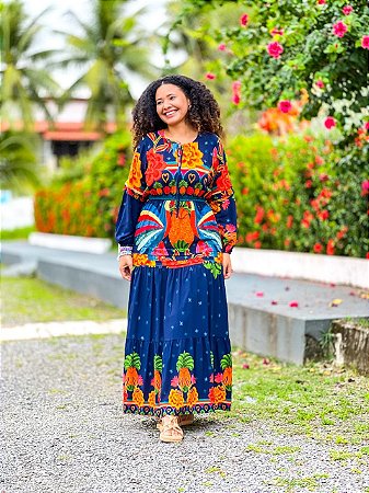 VESTIDO CAMPONESA  - BOHO - AZUL-VISCOSE PRÉ LAVADO