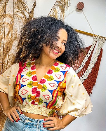 CROPPED LÍDIA  - BOHO - BRANCO -VISCOSE PRÉ LAVADO