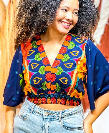 CROPPED LÍDIA  - BOHO - AZUL-VISCOSE PRÉ LAVADO