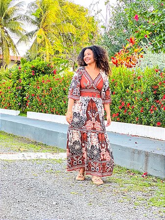 VESTIDO BEATRIZ - BOHO -COR PREDOMINANTE- MARROM - VISCOSE PRÉ LAVADO