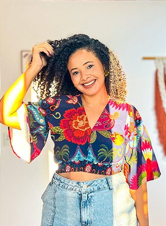 CROPPED LÍDIA  - BOHO - AZUL-VISCOSE PRÉ LAVADO