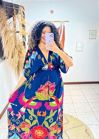 VESTIDO LUANA - BOHO -AZUL -VISCOSE PRÉ LAVADO