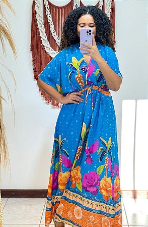 VESTIDO DIANA -PLUS SIZE- ESTAÇÕES-AZUL-VISCOSE PRÉ LAVADO ,GRAMADURA 140