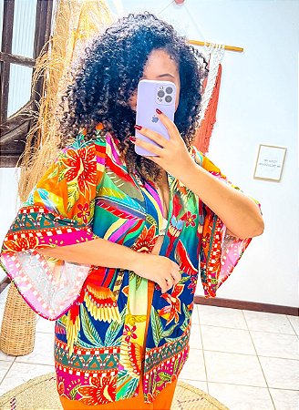 KIMONO  - FLOR DO SERTÃO -LARANJA - VISCOSE PRÉ LAVADO