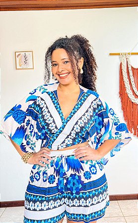 CONJUNTO PAULA - PRIMAVERA VERÃO -AZUL -VISCOSE PRÉ LAVADO GRAMADURA 140