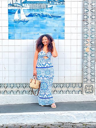 VESTIDO VITÓRIA- ALÇA- AZULEJOS - GRÉCIA- AZUL -FLUITY POLIAMIDA