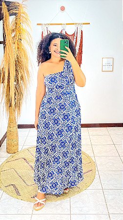 VESTIDO MAIA - AZULEJOS - GRÉCIA- AZUL-FLUITY POLIAMIDA