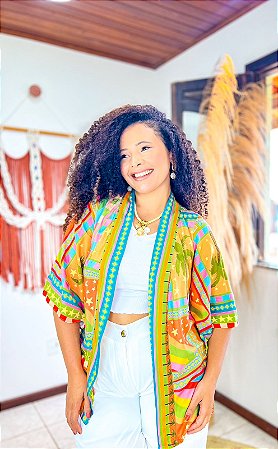 KIMONO  - SOL DE VERÃO-LARANJA - VISCOSE PRÉ LAVADO