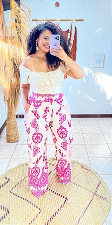 CALÇA PANTALONA AMORA -M - SOL DE VERÃO  -ROSA - VISCOLINHO
