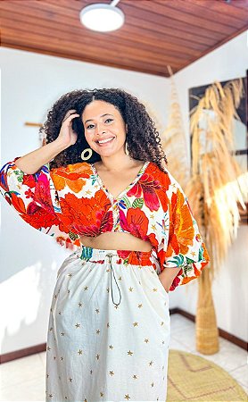 SAIA AJUSTÁVEL - PRAIA URBANA -OFF DETALHES LARANJA- VISCOSE PRÉ LAVADO