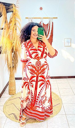VESTIDO CAMILA BORDADO- G-PRAIA URBANA-LARANJA E VERMELHO -VISCOSE PRÉ LAVADO ,GRAMADURA 260