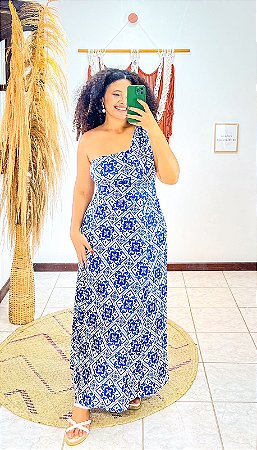 VESTIDO MAIA - AZULEJOS - GRÉCIA- AZUL-FLUITY POLIAMIDA