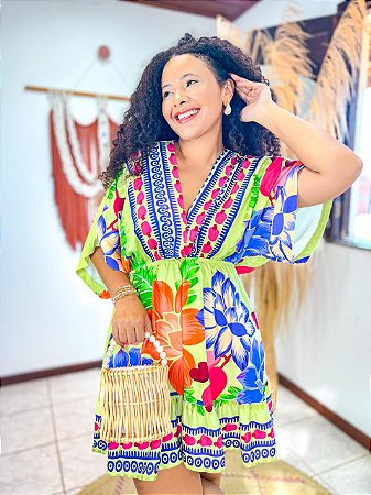 VESTIDO MORCEGO CURTO- ALTO VERÃO- CAJU VERMELHO -VISCOSE PRÉ LAVADO ,GRAMADURA 140