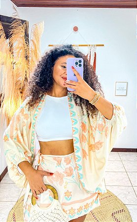 CONJUNTO AMORA - ALTO VERÃO- FLOR LARANJA -VISCOSE PRÉ LAVADO ,GRAMADURA 140