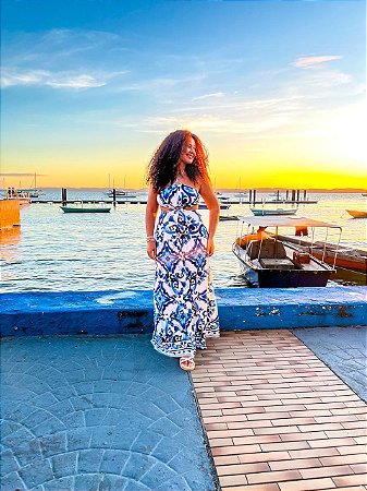 VESTIDO JÚLIA - ALÇA- AZULEJOS - CIDADE DOS AZULEJOS - AZUL -FLUITY POLIAMIDA