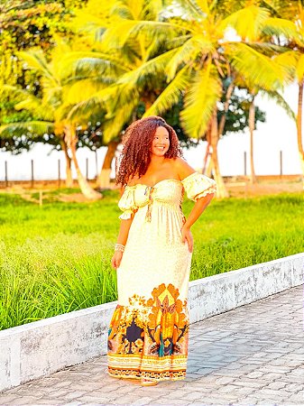 VESTIDO BEGÔNIA - FLOR DE OUTONO-AMARELO - VISCOSE PRÉ LAVADO