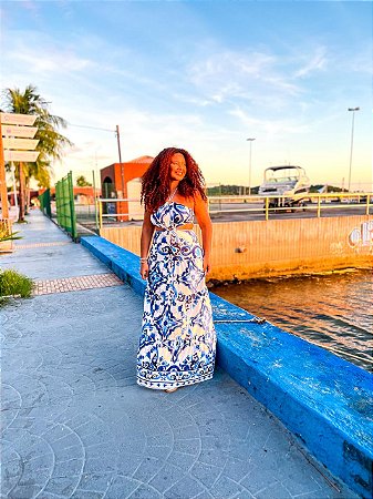 VESTIDO JÚLIA - ALÇA- AZULEJOS - CIDADE DOS AZULEJOS - AZUL -FLUITY POLIAMIDA